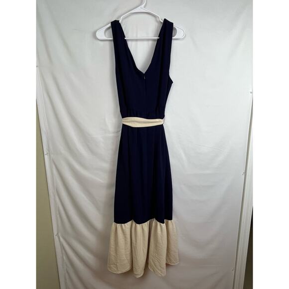 NWT DKNY Women's Size 14 Blue/White Color-block Belted Sleeveless Midi Dress - Picture 9 of 10